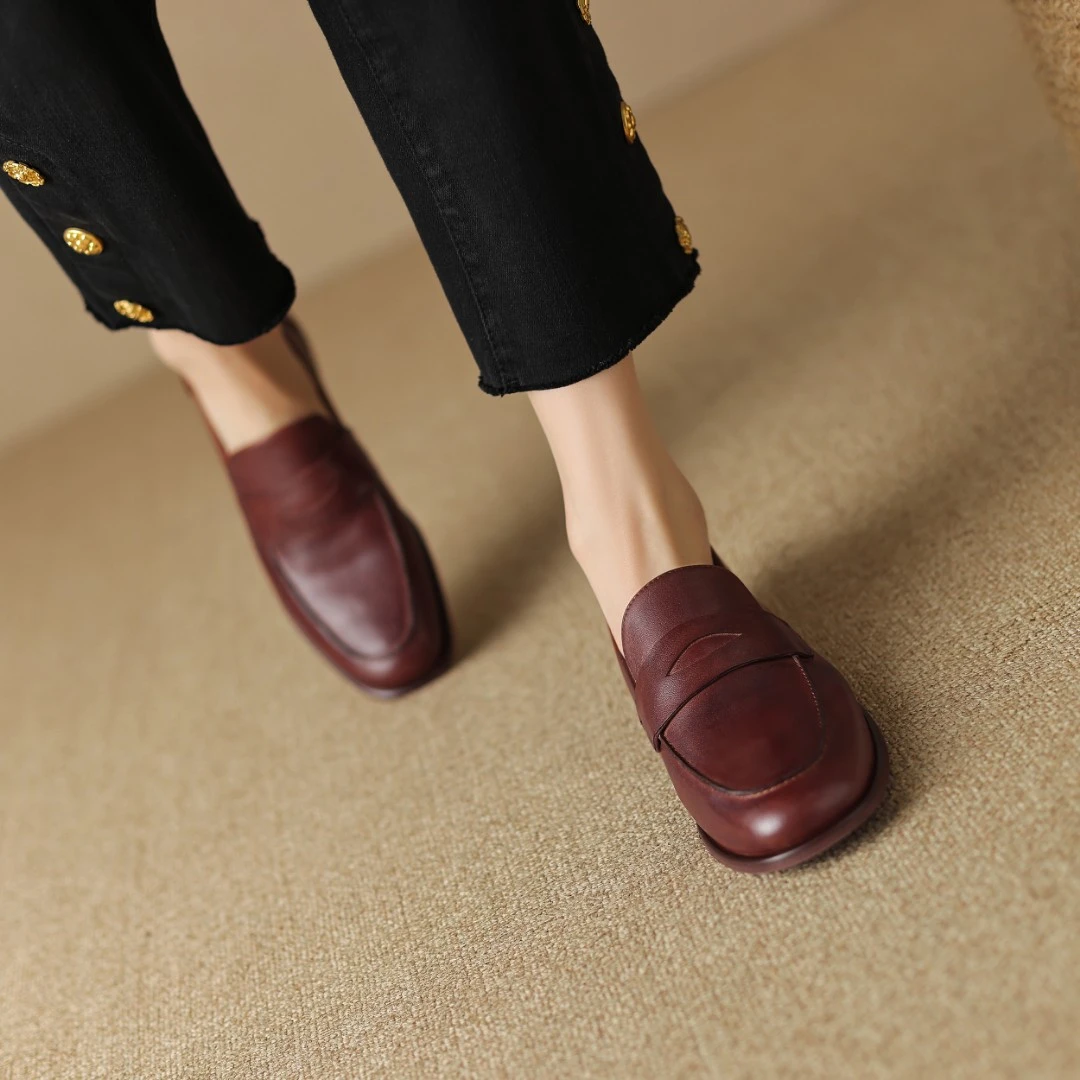 半坊手工女鞋|34-39|2cm|真皮乐福鞋女粗跟英伦小皮鞋一脚蹬单鞋