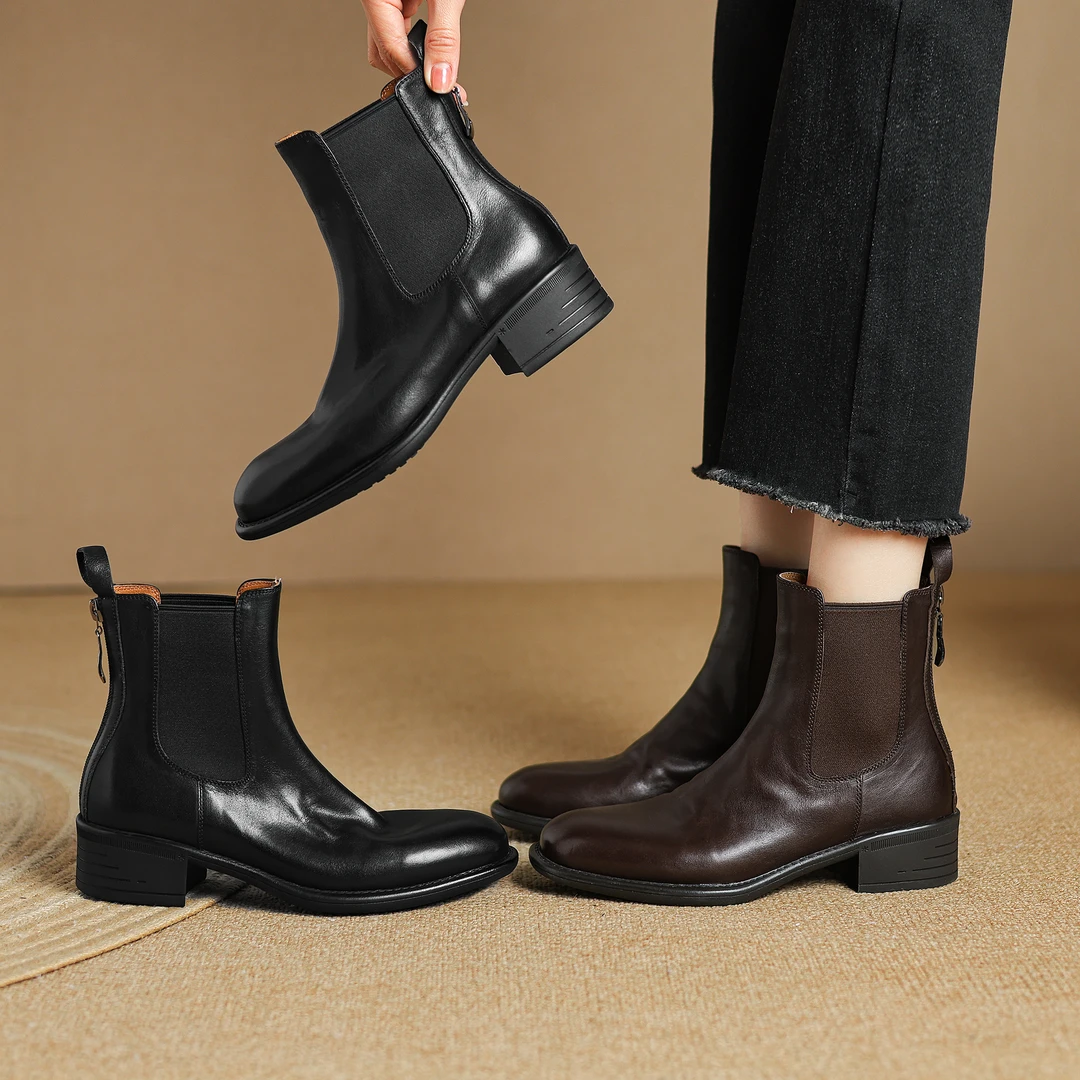 半坊手工女鞋|34-39码|4.0cm|2024新款圆头粗中跟后拉链切尔西靴