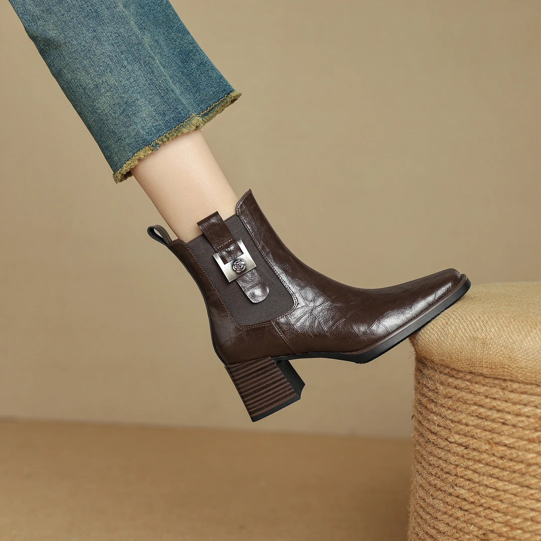 半坊手工女鞋|35-39|6.0cm|法式复古真皮方头方格套筒粗跟短靴女