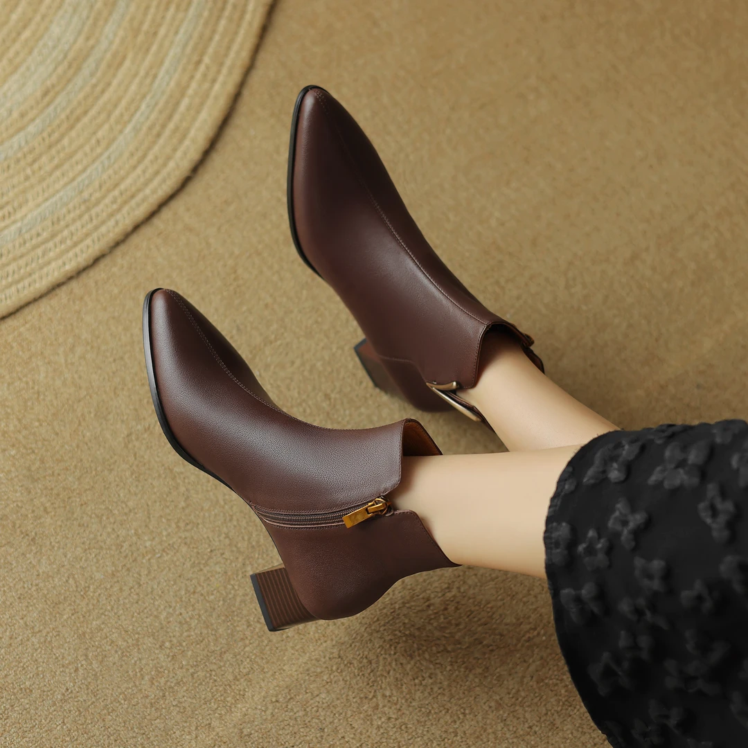 半坊手工女鞋|34-40码|4.5cm|真皮粗跟复古英伦风中跟方头时装靴