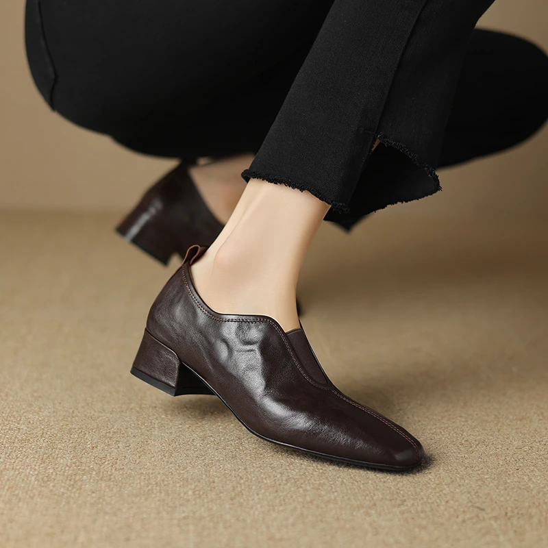 【新品】半坊手工女鞋|34-41|3.5cm|真皮粗跟透气方头羊皮单鞋女