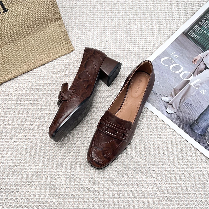 【新品】半坊手工女鞋|34-39|4.0cm|法式复古方头真皮金属粗跟单鞋