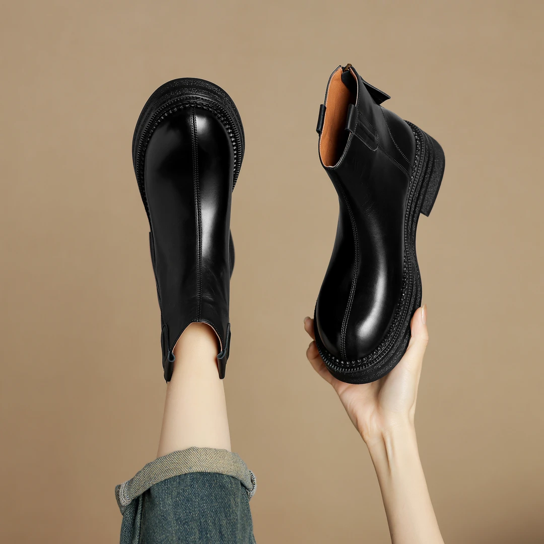 半坊手工女鞋|34-39码|4.5cm|法式圆头真皮松糕厚底后拉链短靴女