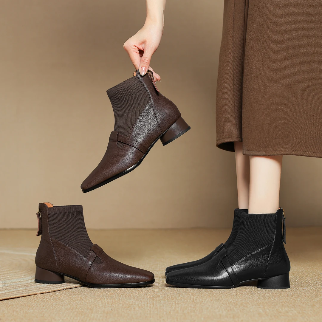 半坊手工女鞋|34-39|3.0cm|方头荔枝纹法式复古后拉链粗跟短靴女