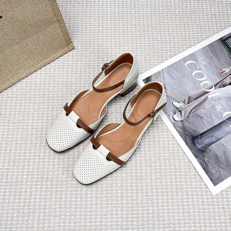 断码青沧断码清|34-40|4.0cm|法式复古方头真皮中空粗跟一字带凉