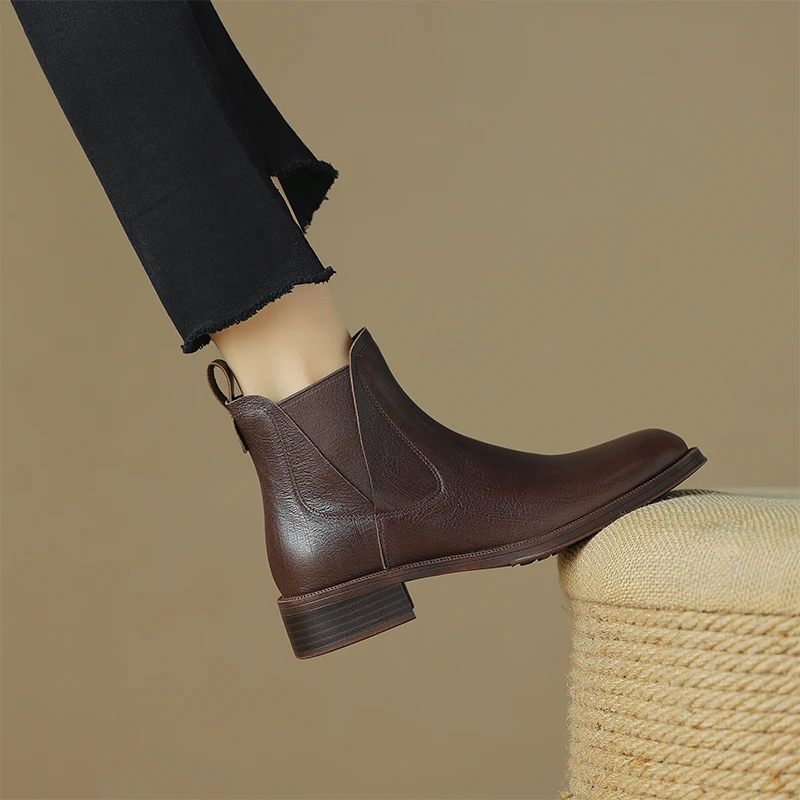 RICH鞋掌柜|34-40码|3.5cm|秋冬新款方头真皮复古粗跟时装靴女