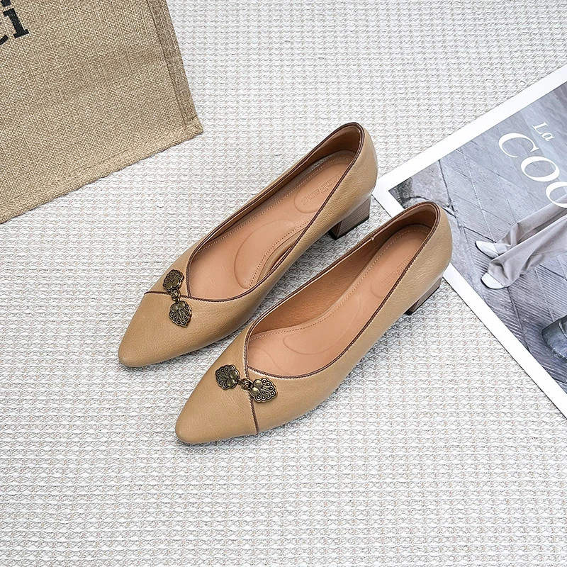 半坊手工女鞋|34-39|4.5cm|法式尖头浅口真皮软面金属粗跟单鞋女