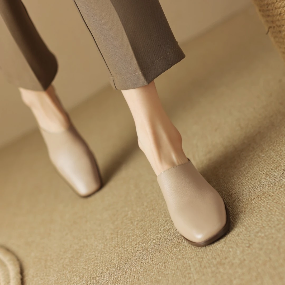 半坊手工女鞋|34-40码|3.5cm跟|夏季复古风中跟纯色气质包头拖鞋