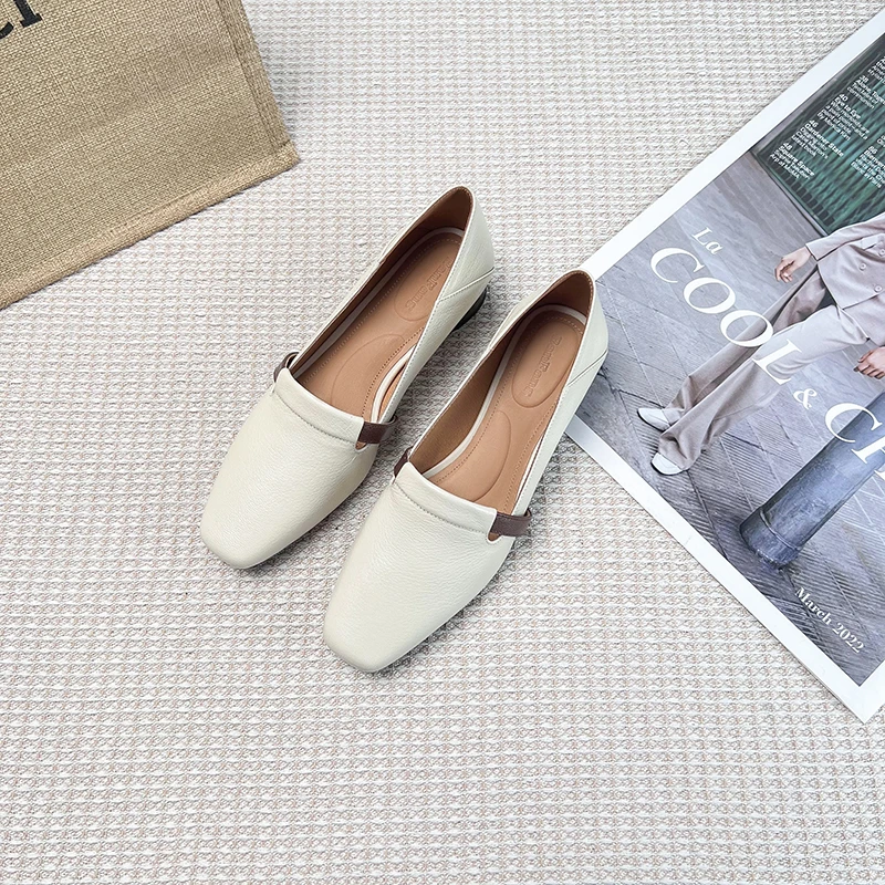 半坊手工女鞋|34-39|3.0cm|法式复古方头浅口拼色真皮粗跟单鞋女