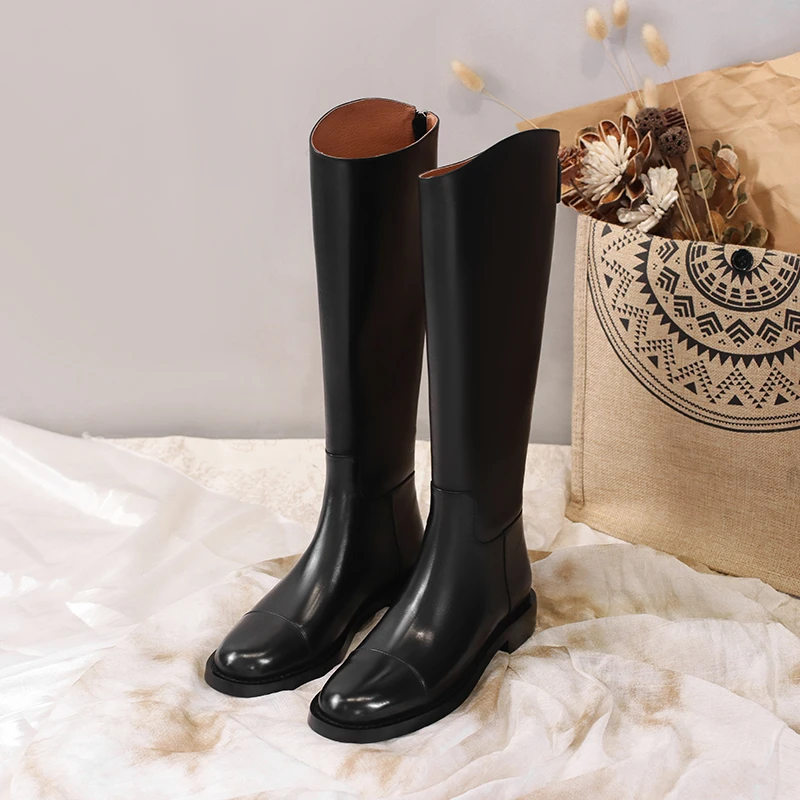 RICH鞋掌柜|34-40码|3.0cm|秋冬新款圆头后拉链粗跟显瘦长筒靴