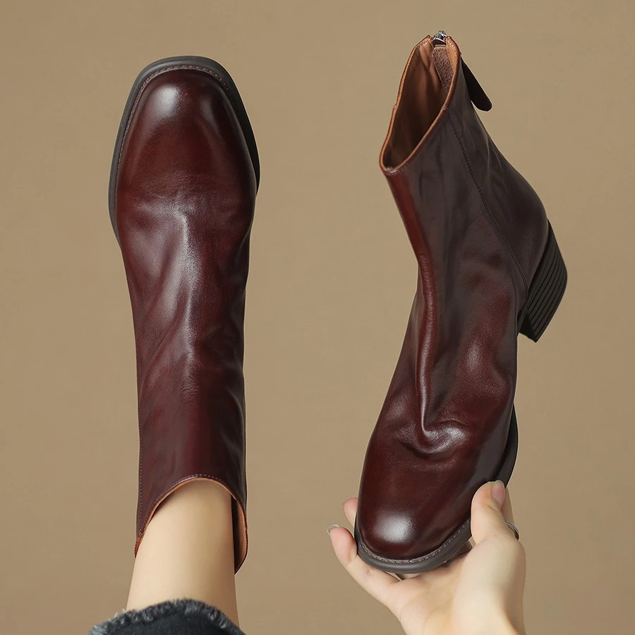半坊手工女鞋/34-40/4.0cm/棕色复古圆头真皮后拉链粗跟中跟短靴
