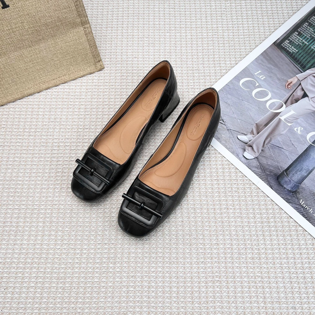 半坊手工女鞋|34-39|3.0cm|方头复古软面粗跟浅口真皮显瘦单鞋女