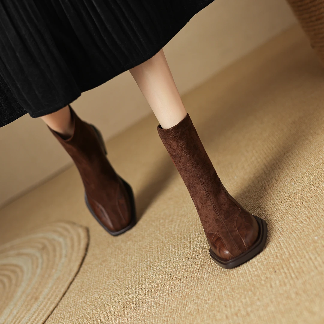 半坊手工女鞋|34-39|4.0cm|法式方头复古显瘦麻将稳粗跟弹力短靴