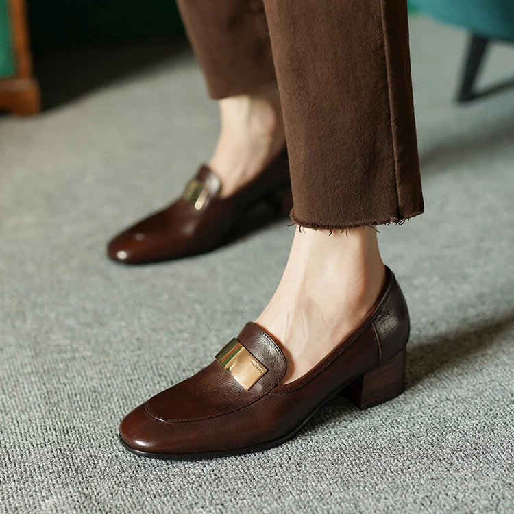 【跟高4公分】【尺码34-40】新款真皮百搭复古春夏秋柔软舒适粗跟女鞋