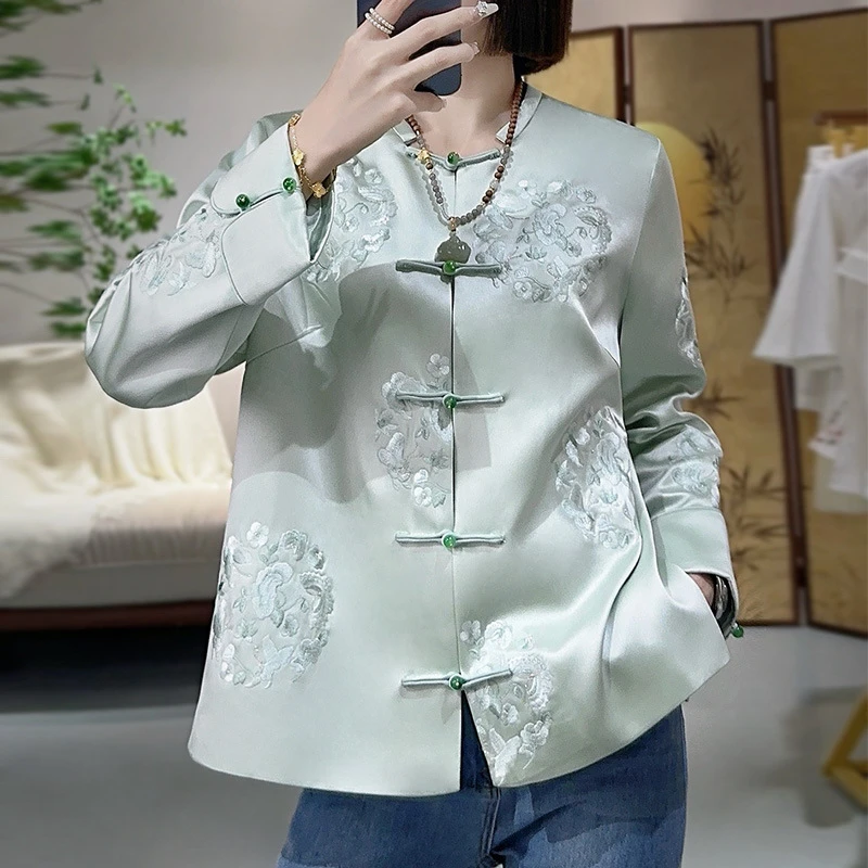 深圳南油高档女装国风刺绣醋酸外套春秋款唐装盘扣宽松长袖上衣
