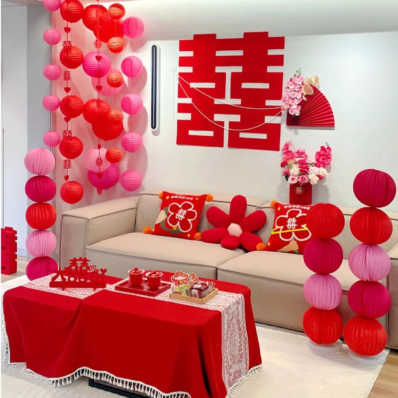 INS婚房瀑布灯笼挂串装饰客厅卧室背景墙布置超大喜字纸扇珍珠
