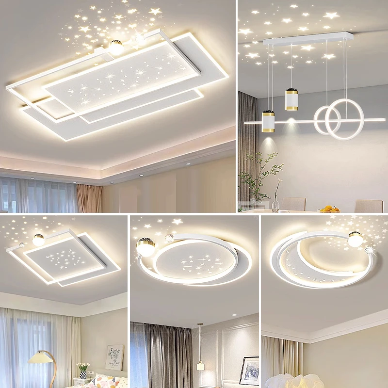 现代简约大气客厅灯星空投影吸顶灯全光谱护眼奶油风中山灯具套餐