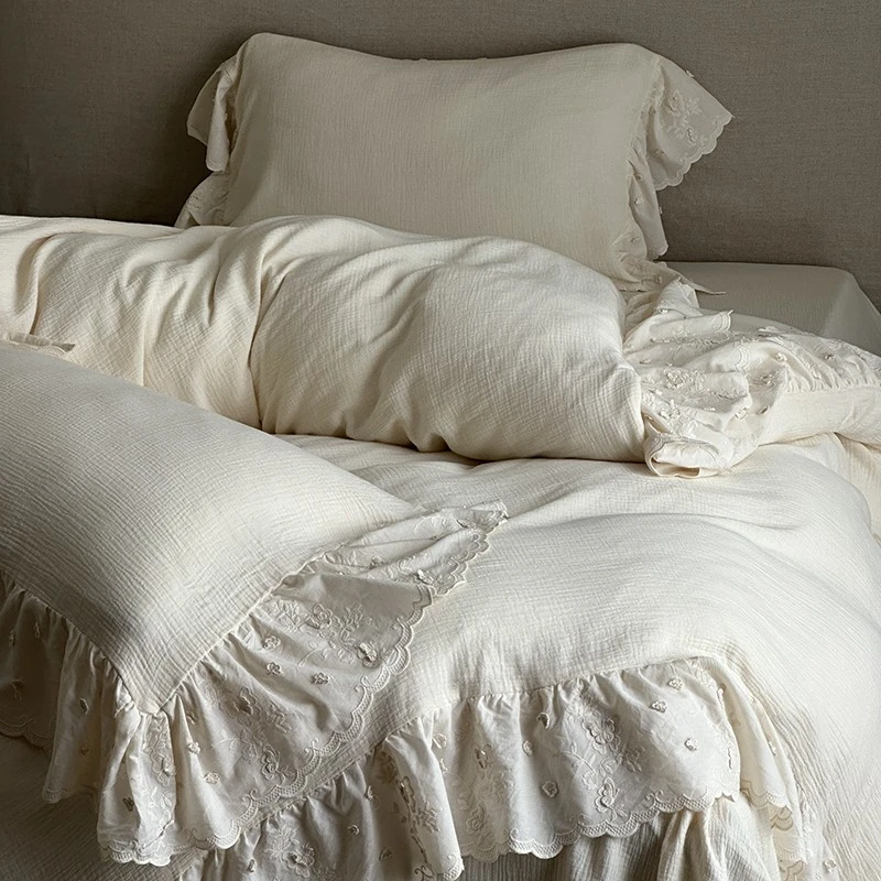 裸睡双层纱全棉四件套纯棉床单被套软糯亲肤荷叶边公主风床上用品