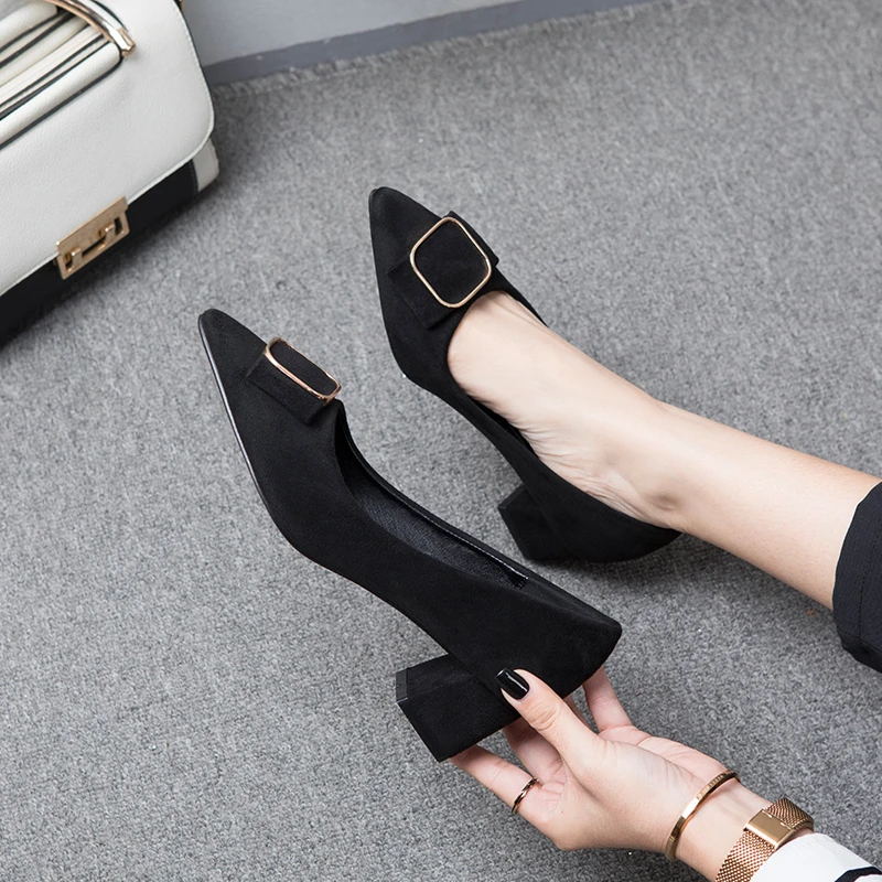 港风轻奢~尖头细跟绒面高跟鞋女春秋季黑色真皮中跟浅口职业单鞋
