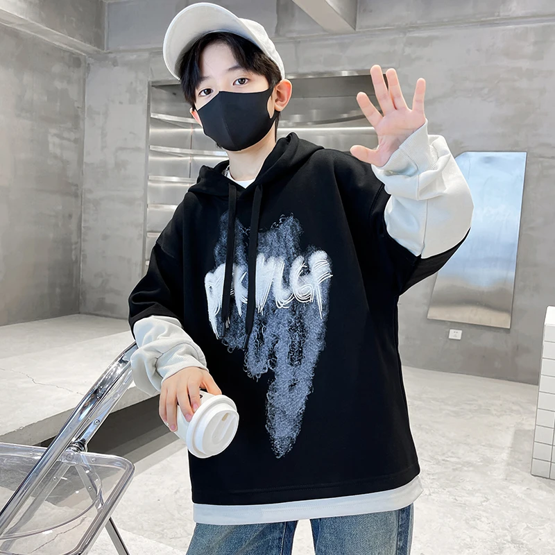 男童连帽卫衣春秋款中大童男孩假两件上衣帅气炸街儿童秋季洋气潮