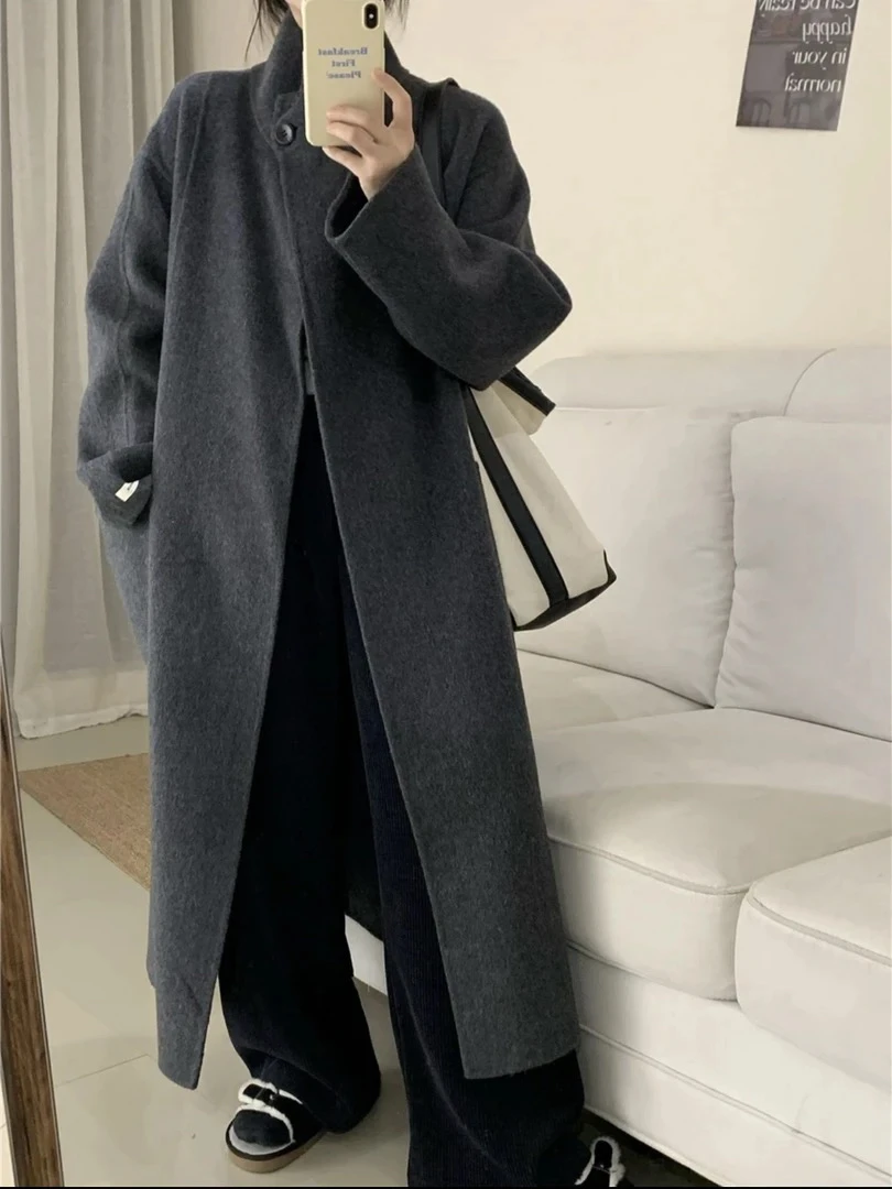 【赫本】秋冬新款加长款立领双面呢羊毛女休闲显瘦气质百搭毛呢外套