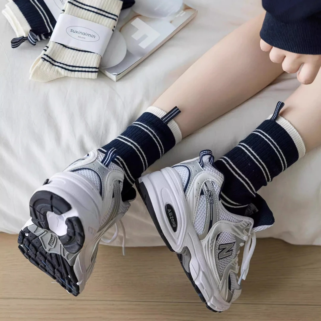 J秋冬中筒女袜ins潮透气吸汗棉袜堆堆袜百搭保暖
