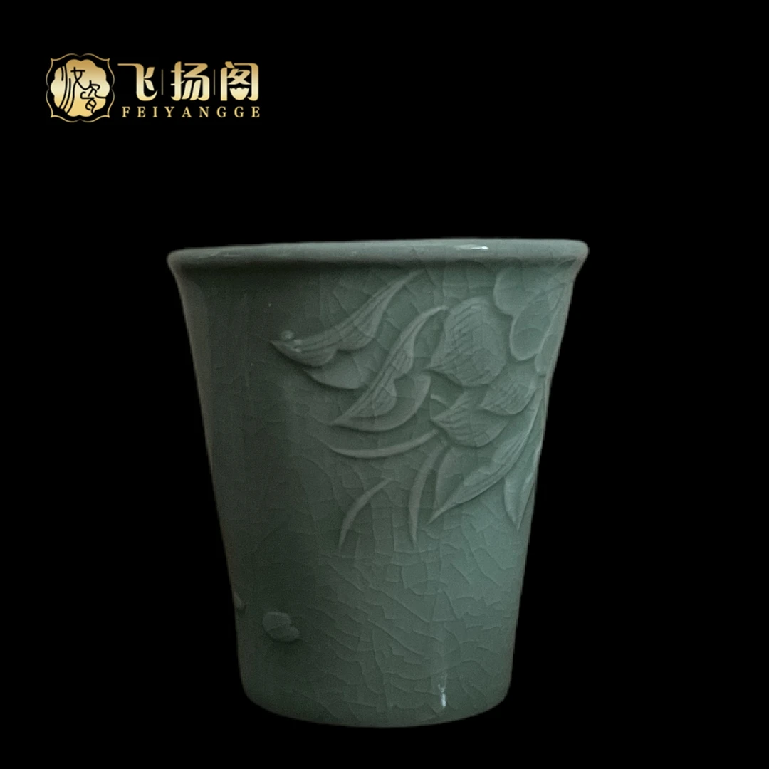 【飞扬阁】汝瓷茶杯豆绿可乐杯全手工雕刻荷花杯主人杯原矿陶瓷汝窑