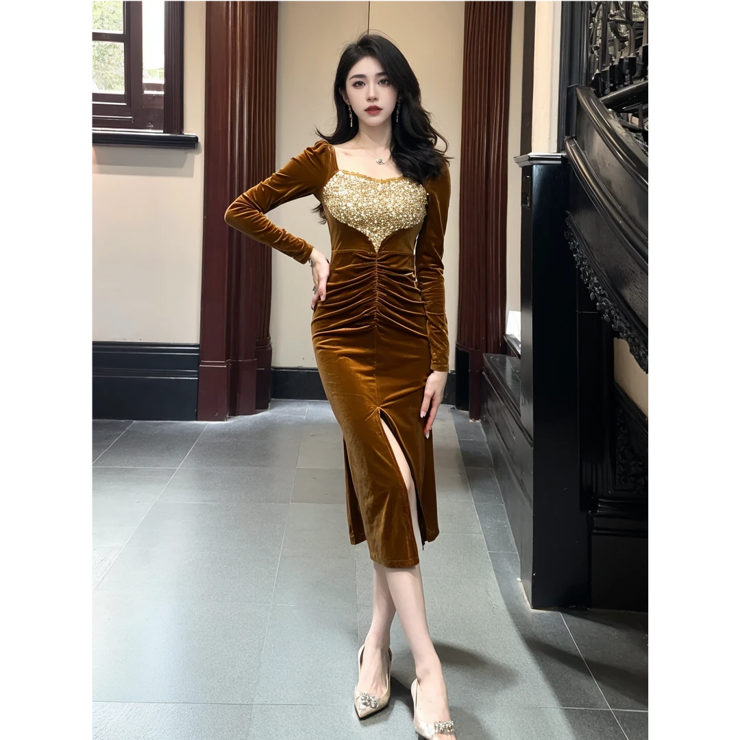 新款秋季法式显瘦气质长袖黑色复古名媛开叉修身包臀连衣裙21526