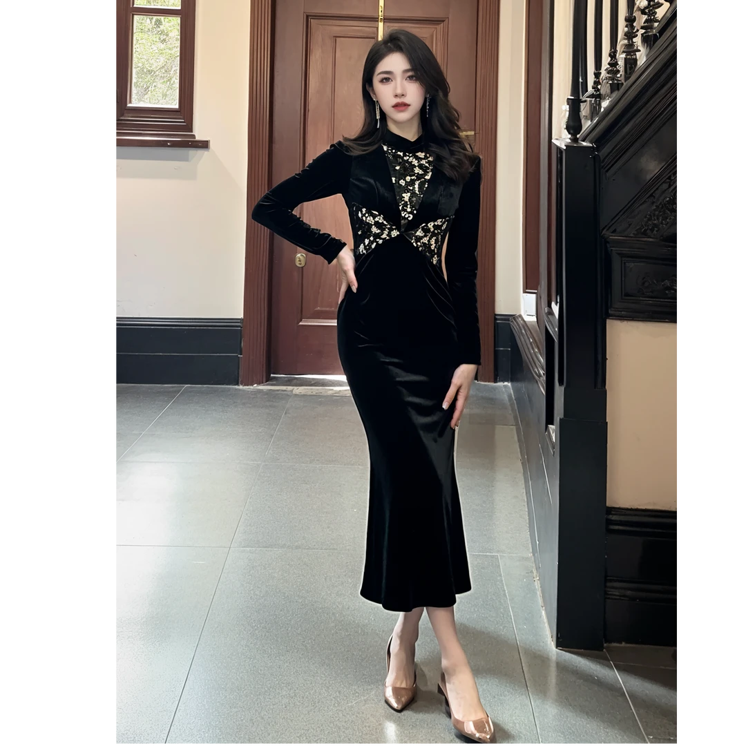 黑色气质复古高腰收腰修身显瘦长款鱼尾裙 70610