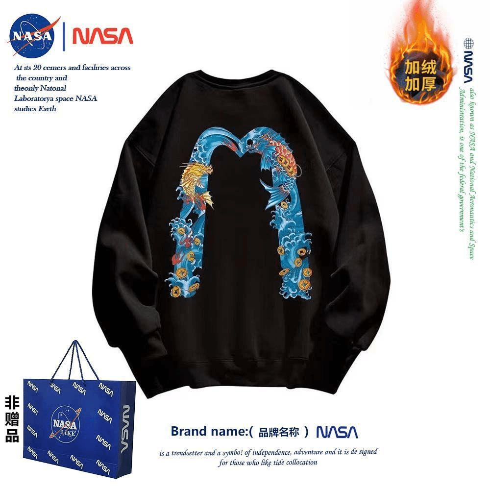 NASA联名鲤鱼跃龙门卫衣男生外穿高街上衣冬季加绒中国风无帽圆领