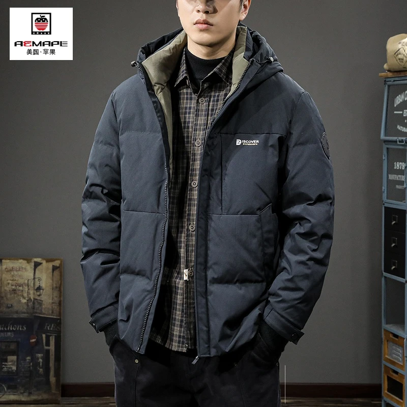 春季潮牌90鸭绒连帽羽绒服男宽松大码保暖御寒短款面包服休闲外套