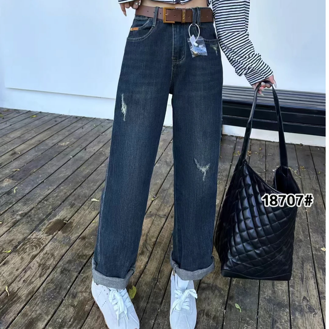 新款假破洞男友裤高腰时尚百搭显瘦休闲牛仔女裤