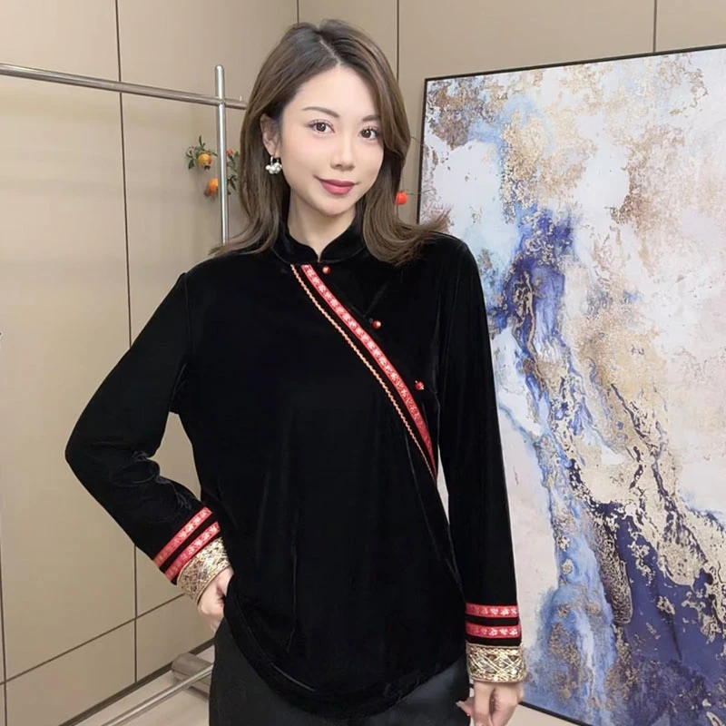 新款长袖丝绒衬衫斜襟民族风设计高档洋气时尚女上衣8969
