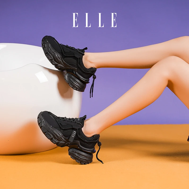 ELLE厚底黑武士老爹鞋增高冬季女鞋2023年秋冬新款加绒黑色运动鞋