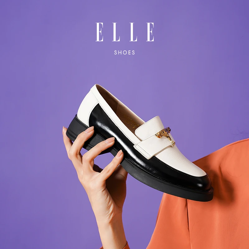 ELLE英伦小皮鞋女款设计感女牛皮厚底超软乐福鞋2023新款冬季单鞋