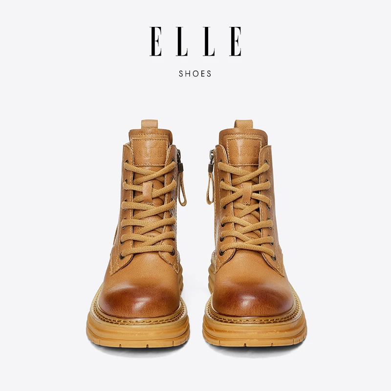 ELLE大黄靴马丁靴女2023新款秋季厚底棕色短靴秋冬靴子工装靴真皮