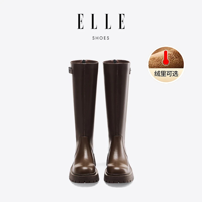ELLE小个子长靴女2023新款秋冬高筒靴胖mm大筒围加绒长筒靴瘦瘦靴
