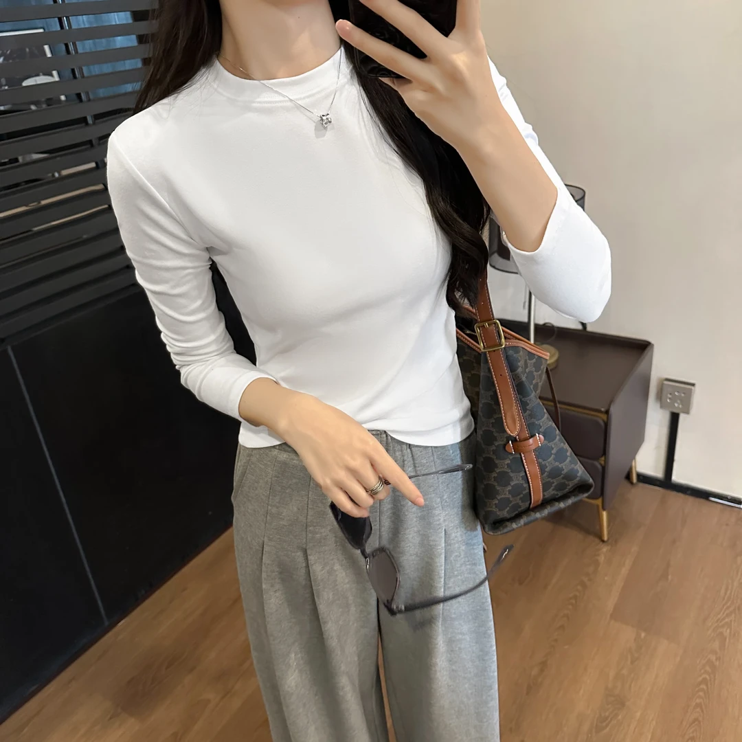 小圆领简约打底衫女春秋内搭外穿弹力上衣修身洋气小立领T恤潮ins