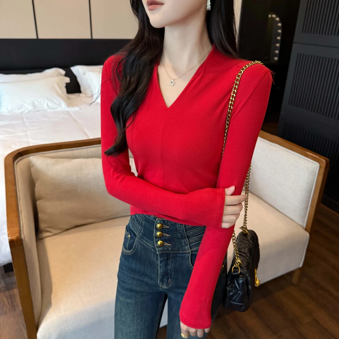 大红色V领新年打底衫女春秋弹力修身显瘦螺纹内搭圣诞年会上衣潮