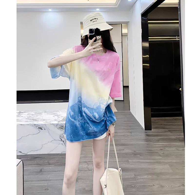 纯棉短袖女t恤宽松夏季2025新款彩虹扎染中长款遮屁股小众宽松
