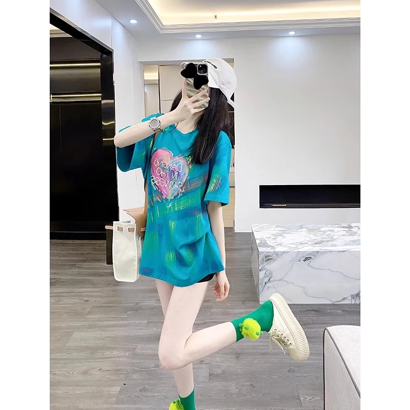 蓝色短袖女t恤夏季2024新款AVC欧货宽松大版洋气半袖中长款上衣