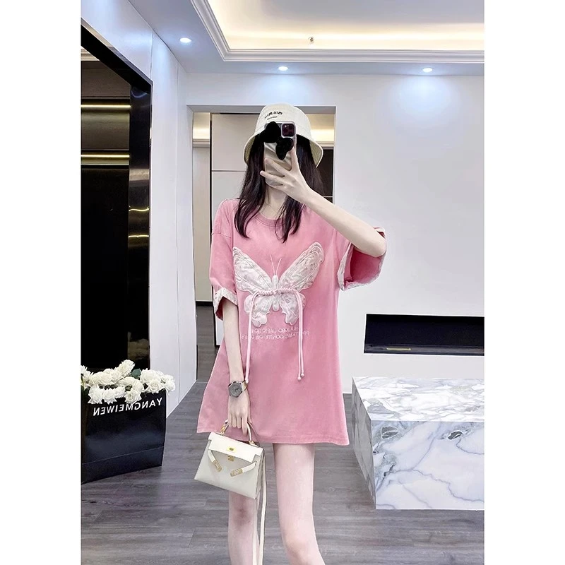 粉色短袖女t恤夏季2024新款蝴蝶绣花中长款欧货大版洋气宽松上衣