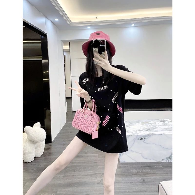 长款黑色t恤女短袖2025新款爆款烫钻设计感宽松大版中长款遮屁股