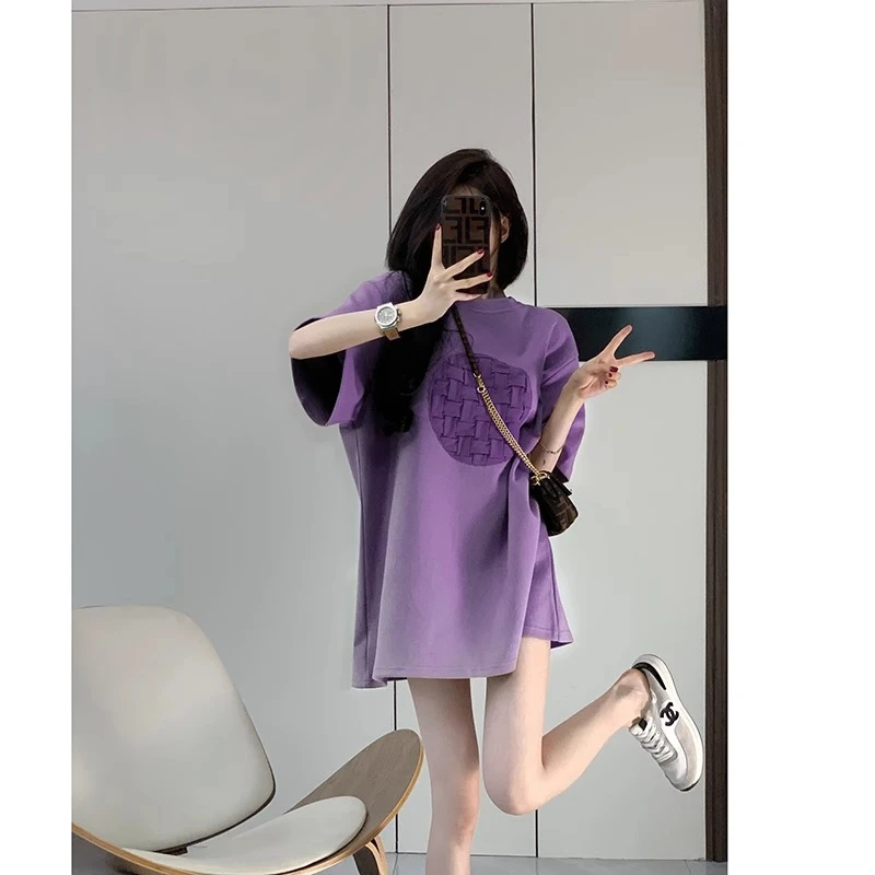 欧货大版短袖t恤女紫色2025新款洋气宽松潮牌遮屁股中长款体恤