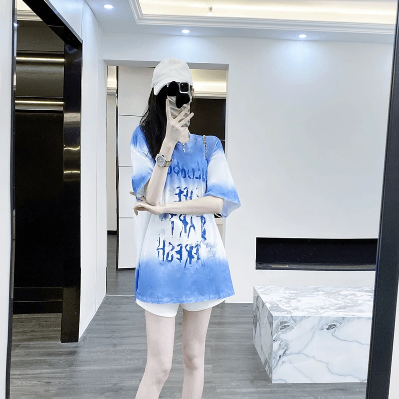 蓝色短袖女t恤纯棉宽松2025新款扎染小众设计感中长款遮屁股体恤