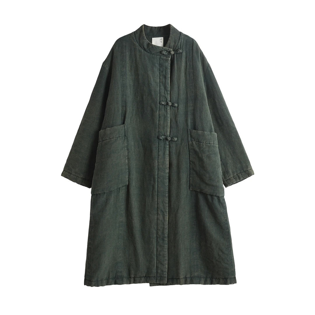 【以之】设计师品牌加厚宽松大码琵琶盘扣长款棉衣复古亚麻外套