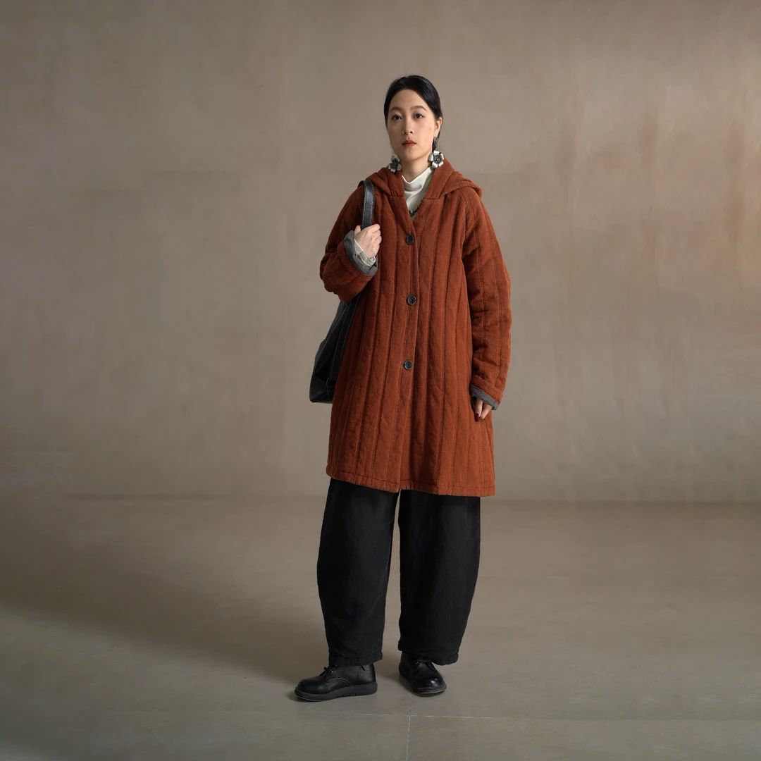 【以之】设计师品牌原创宽松保暖连帽外套复古百搭冬亚麻棉衣棉服
