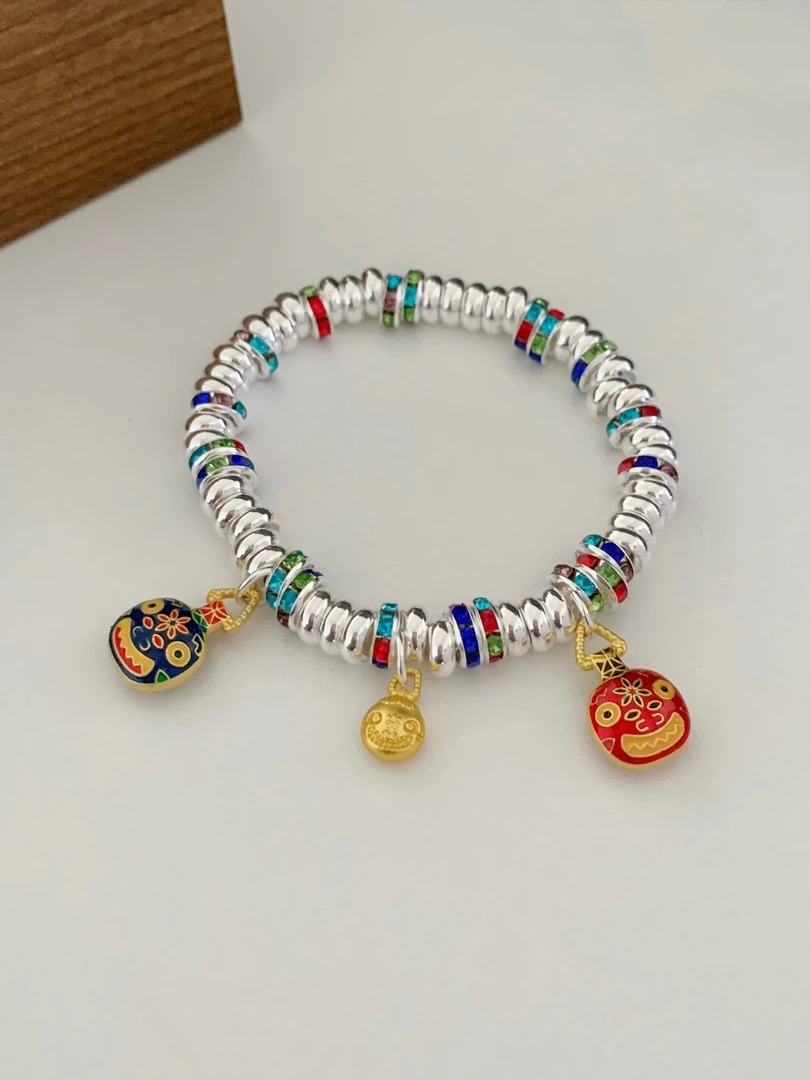 足银手链 A37一家三口描金吞金兽盘缠银手链创意时尚百搭可爱手串