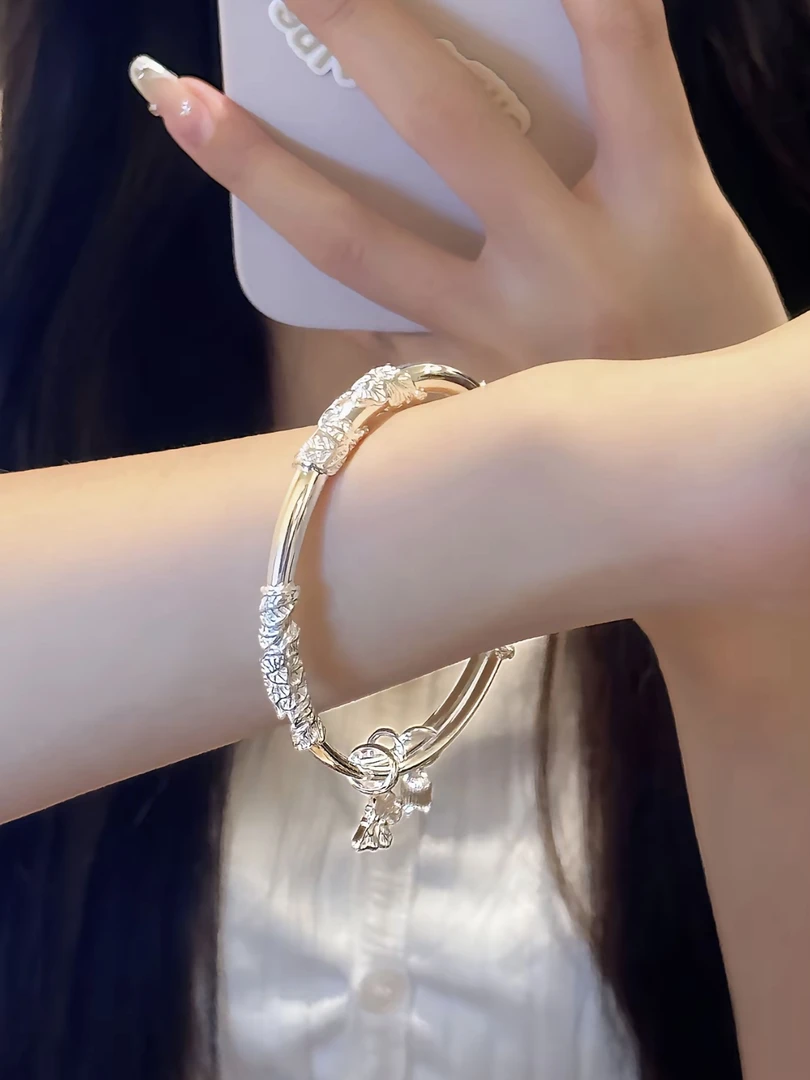 足银手镯 A01繁花似锦银手镯9999送妈妈礼物实用银镯子送女友礼物