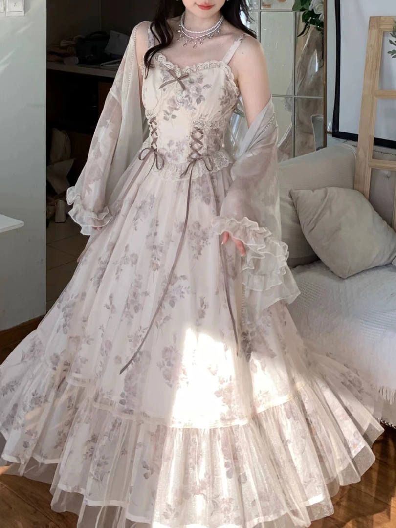 F-80411 甜美春夏法式网纱吊带裙吊带裙+开衫两件套